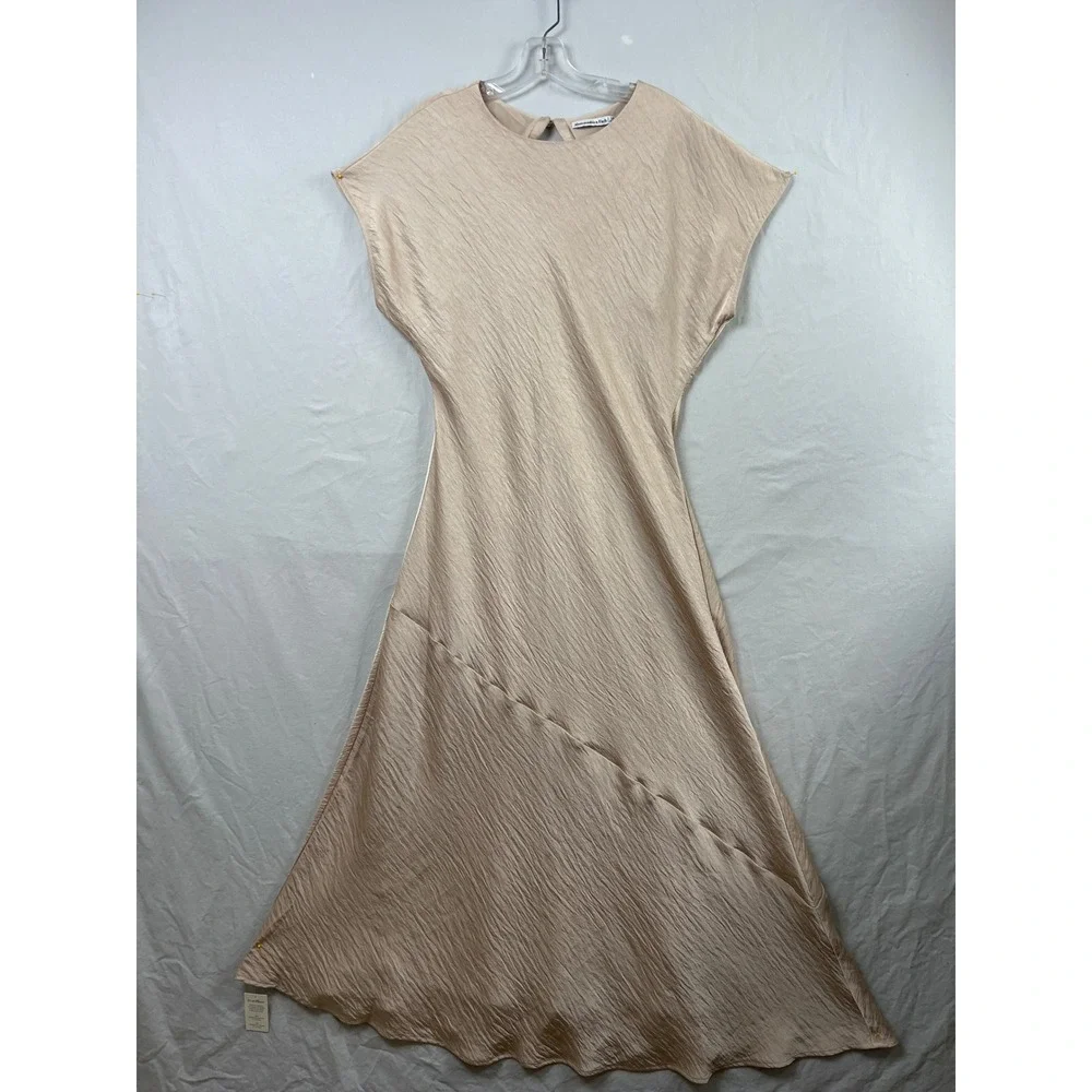 Abercrombie & Fitch Maxi Dress Women LP Champagne Crinkle Satin Asymmetric Lined